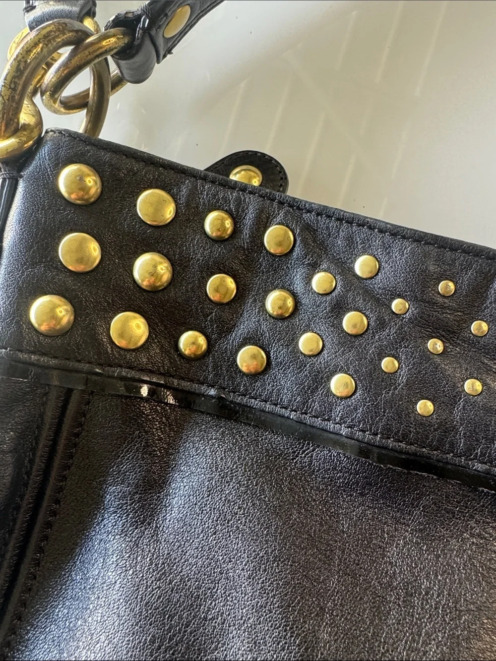 Coach Zoe Black Leather Shoulder Bag with Gold Studs